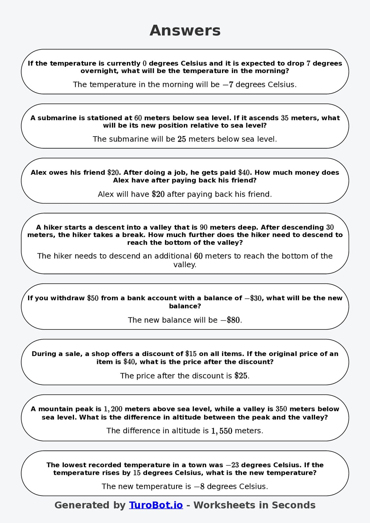 Year 8 Math Worksheet – Negative Number Word Problems 2