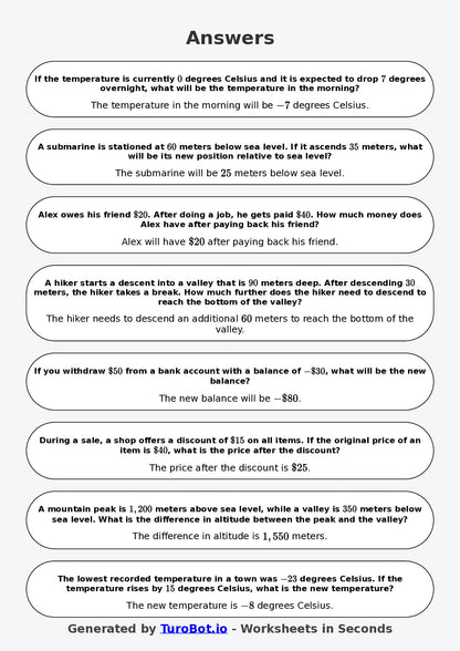 Year 8 Math Worksheet – Negative Number Word Problems 2