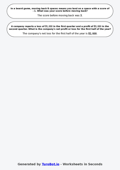 Year 8 Math Worksheet – Negative Number Word Problems 2
