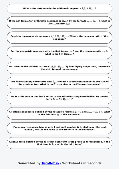 Year 8 Math Worksheet – Number Patterns and Sequences