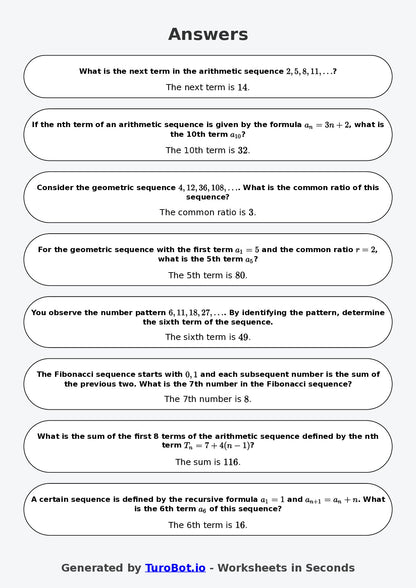 Year 8 Math Worksheet – Number Patterns and Sequences
