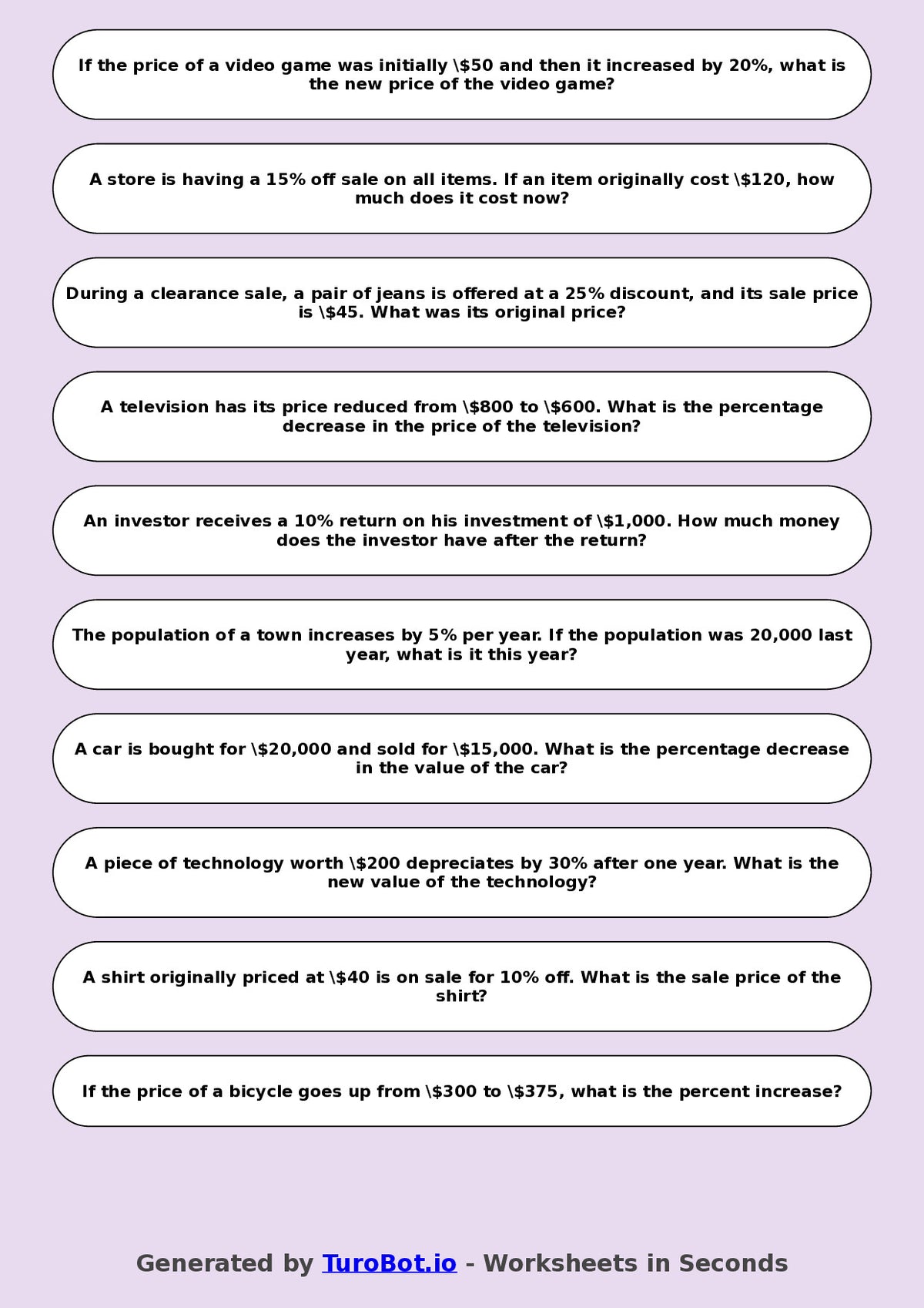 Year 8 Math Worksheet – Percent Increase and Decrease 2