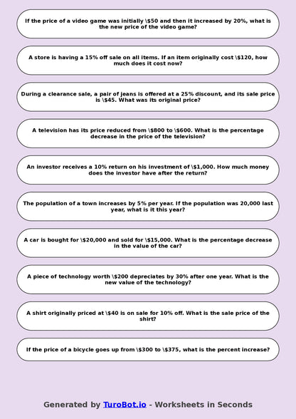 Year 8 Math Worksheet – Percent Increase and Decrease 2