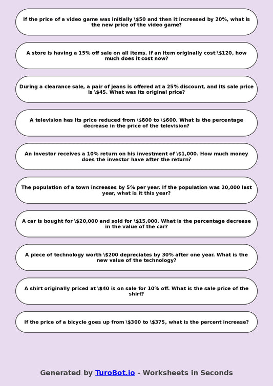 Year 8 Math Worksheet – Percent Increase and Decrease 2