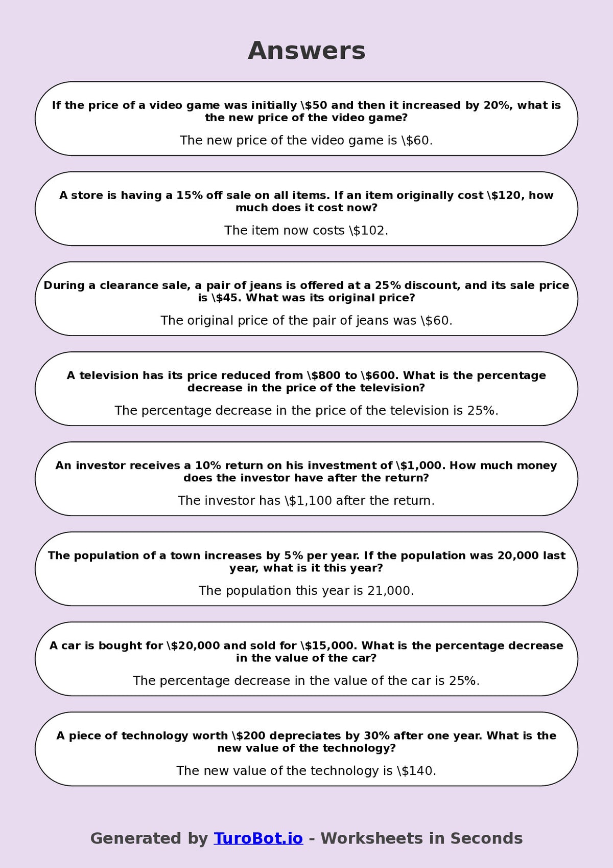Year 8 Math Worksheet – Percent Increase and Decrease 2