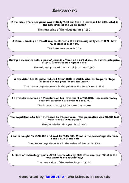 Year 8 Math Worksheet – Percent Increase and Decrease 2