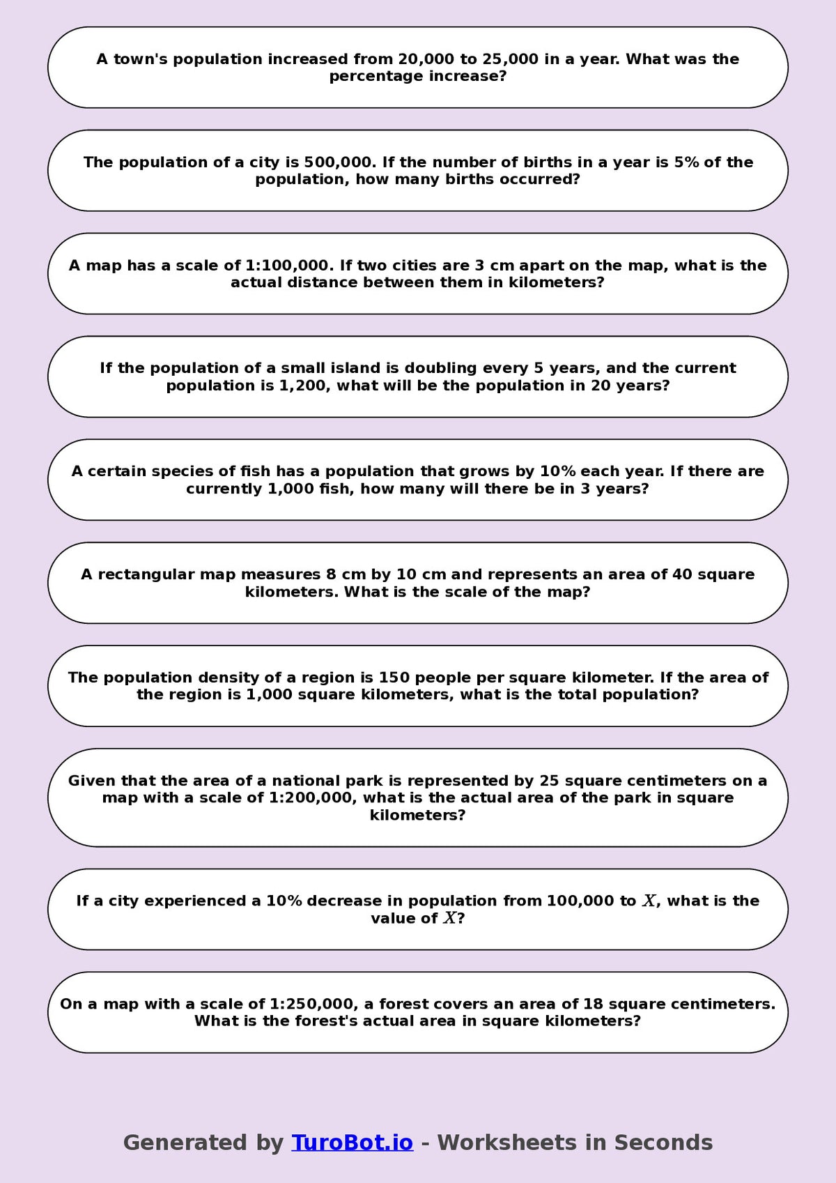 Year 8 Math Worksheet – Population and Map Scale Problems