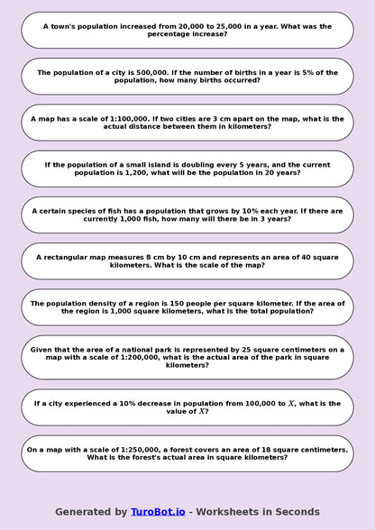 Year 8 Math Worksheet – Population and Map Scale Problems