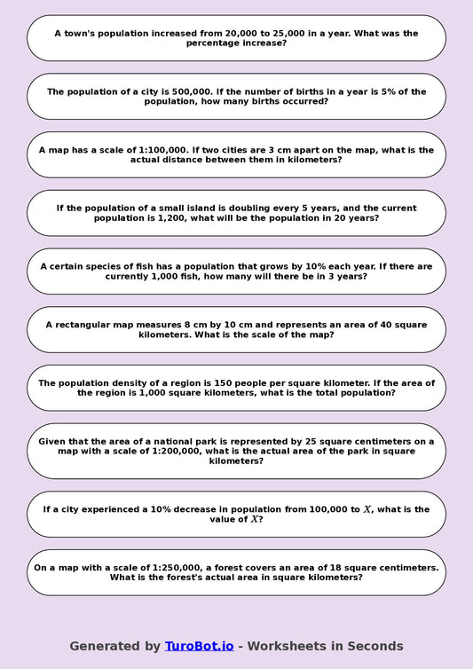Year 8 Math Worksheet – Population and Map Scale Problems
