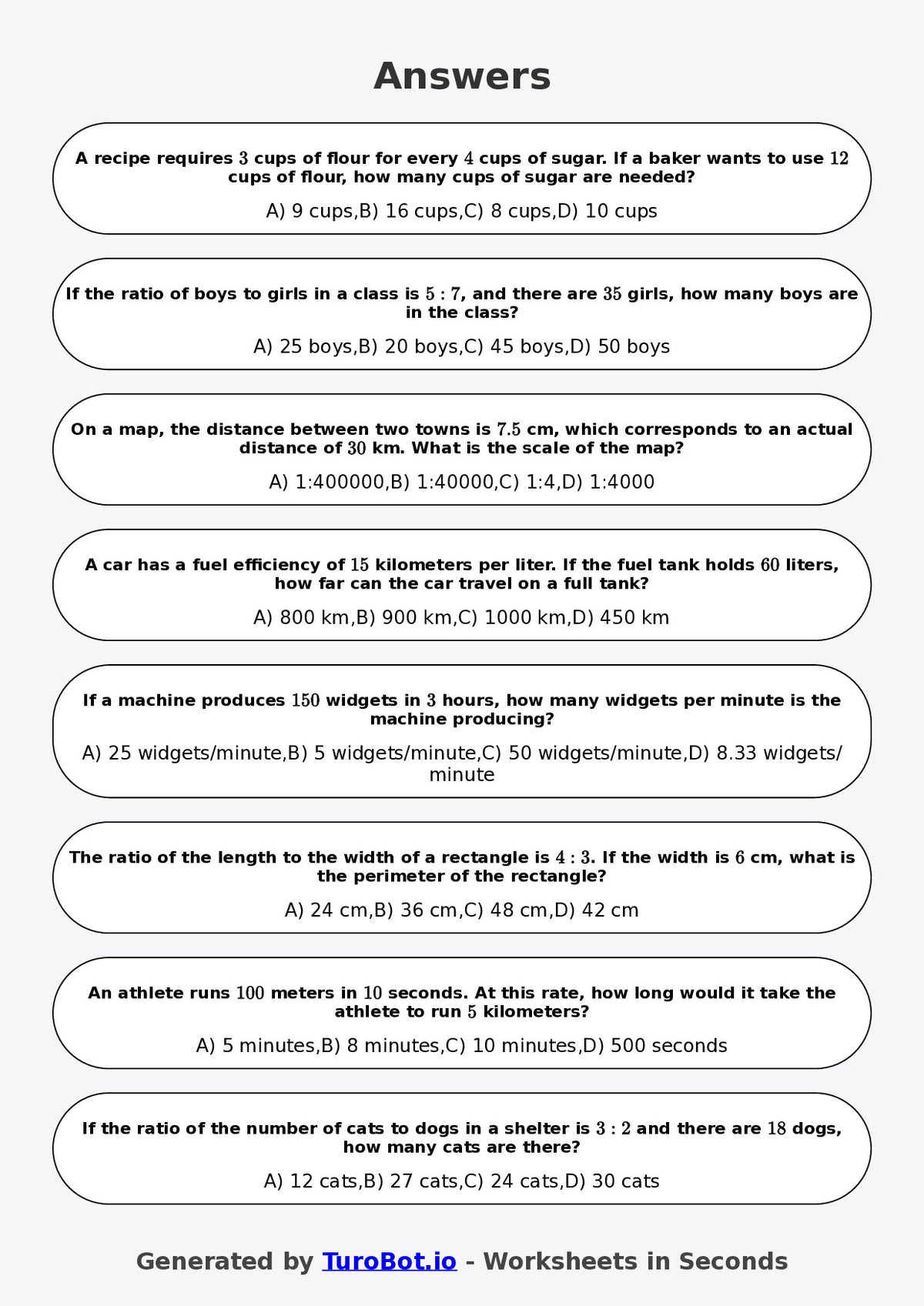 Year 8 Math Worksheet – Ratio Conversions with Measures