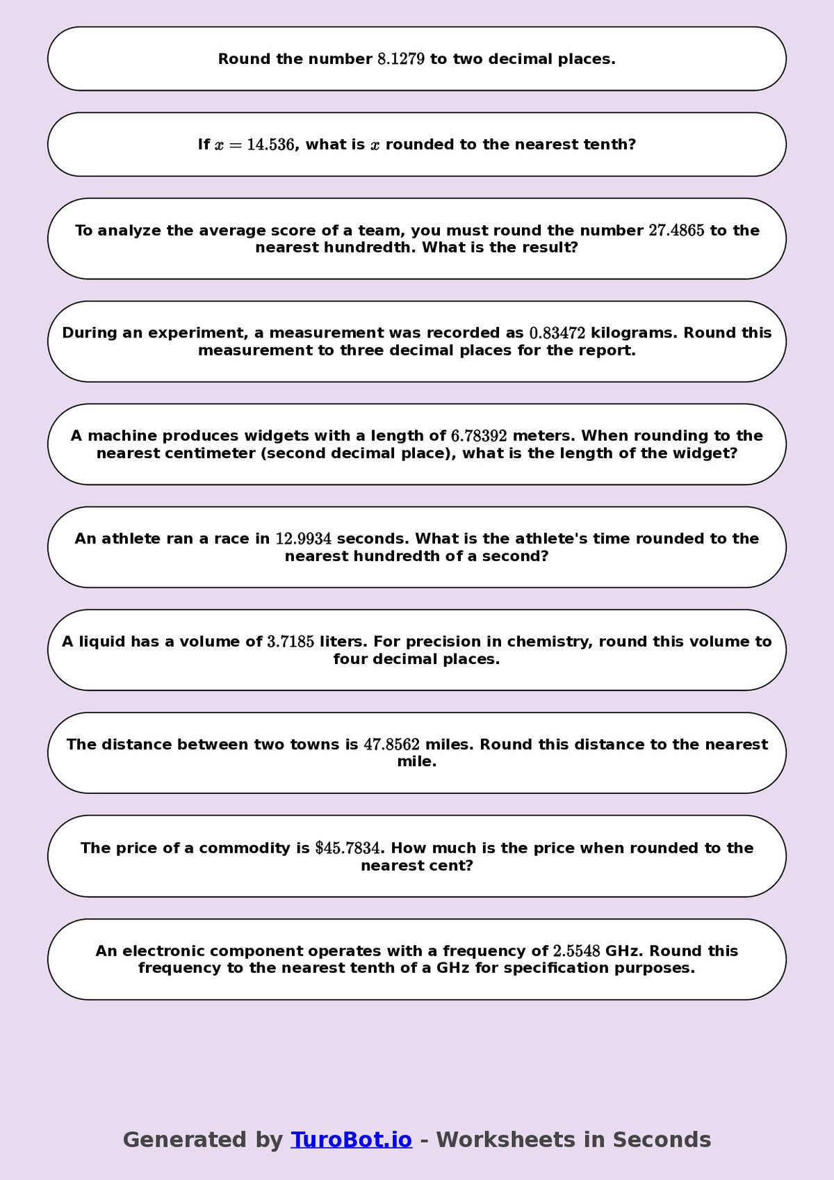 Year 8 Math Worksheet – Rounding Decimals 2