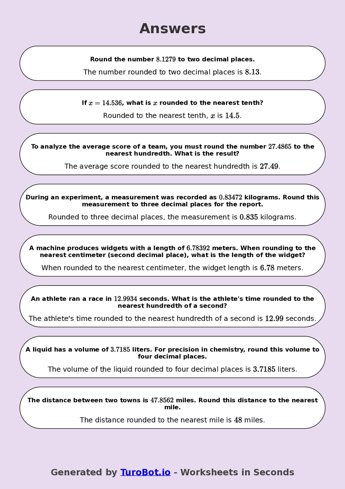 Year 8 Math Worksheet – Rounding Decimals 2