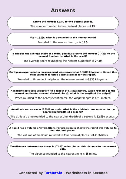 Year 8 Math Worksheet – Rounding Decimals 2