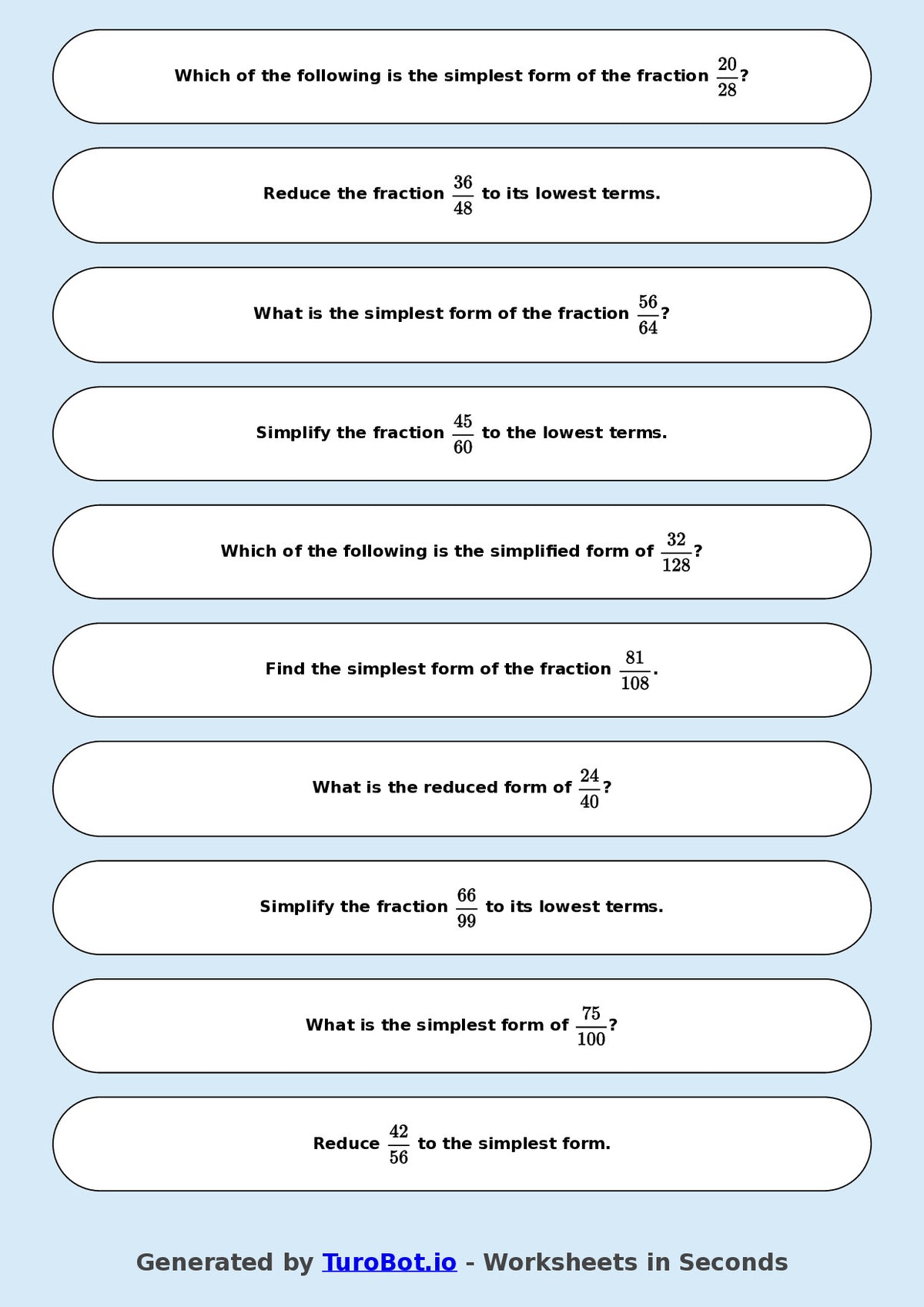Year 8 Math Multiple Choice Worksheet – Simplifying Fractions