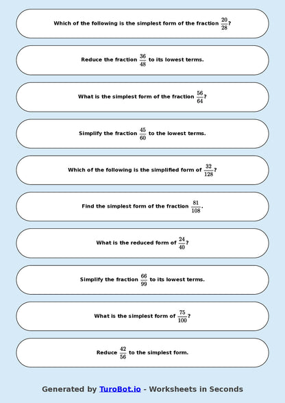 Year 8 Math Multiple Choice Worksheet – Simplifying Fractions