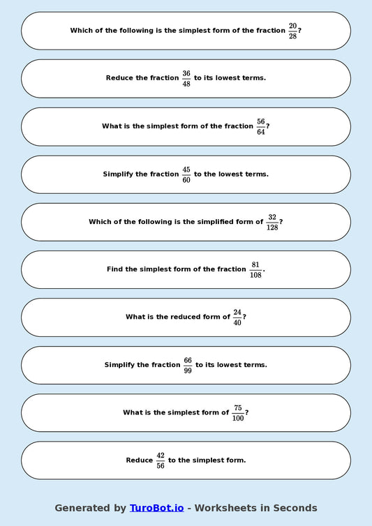 Year 8 Math Multiple Choice Worksheet – Simplifying Fractions
