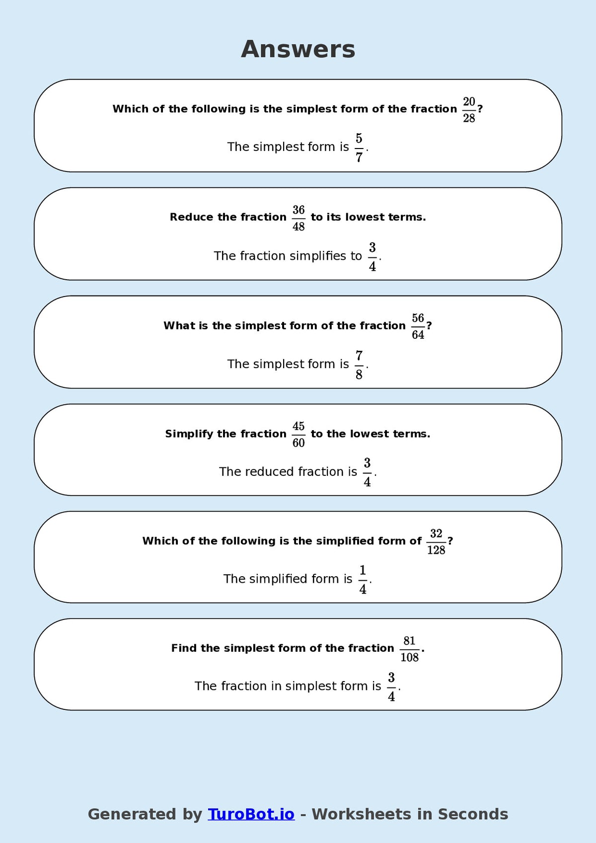 Year 8 Math Multiple Choice Worksheet – Simplifying Fractions