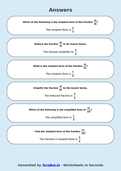 Year 8 Math Multiple Choice Worksheet – Simplifying Fractions