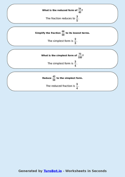 Year 8 Math Multiple Choice Worksheet – Simplifying Fractions