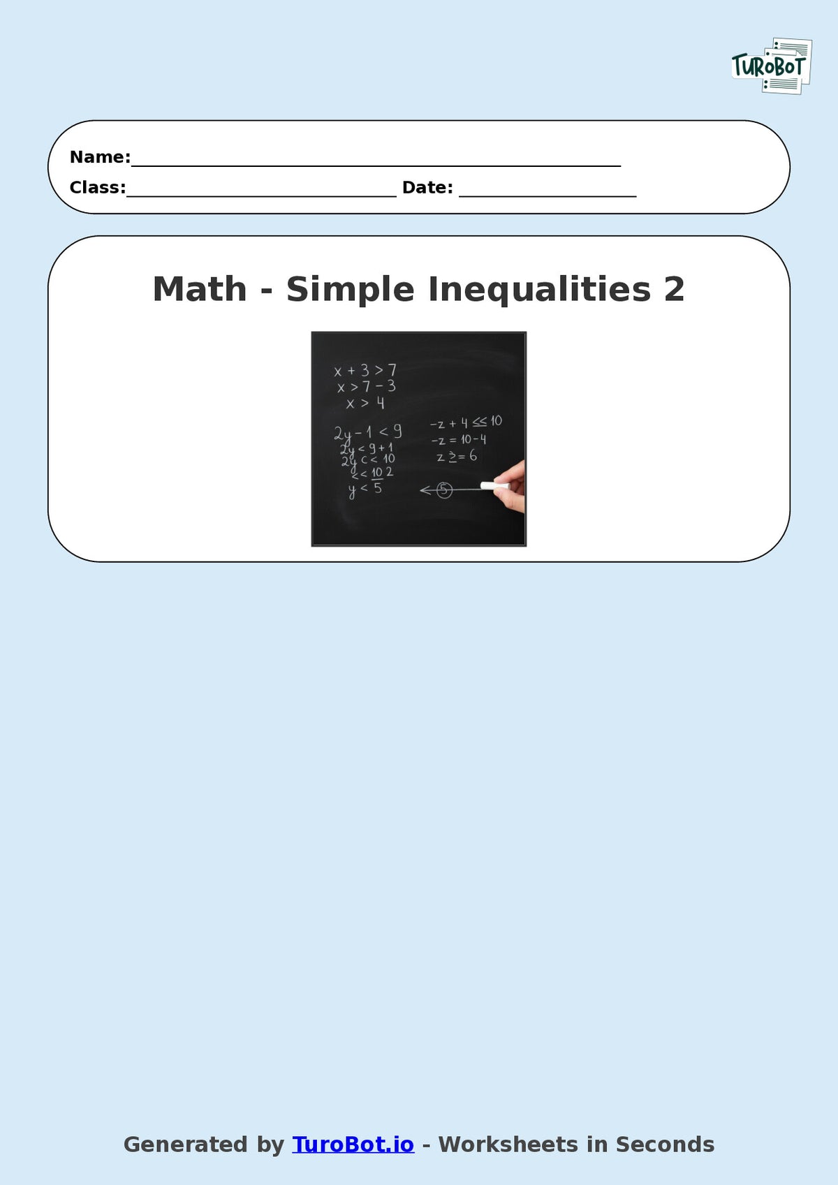 Year 8 Math Worksheet – Solving Simple Inequalities 2