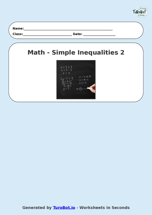 Year 8 Math Worksheet – Solving Simple Inequalities 2