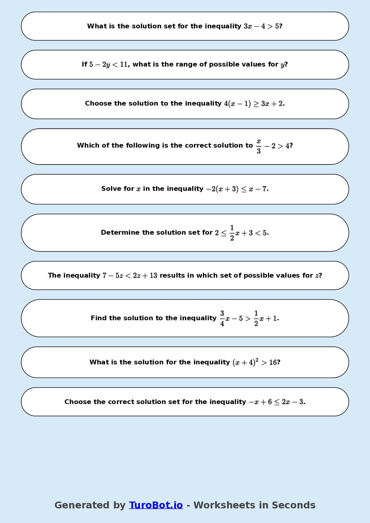 Year 8 Math Worksheet – Solving Simple Inequalities 2