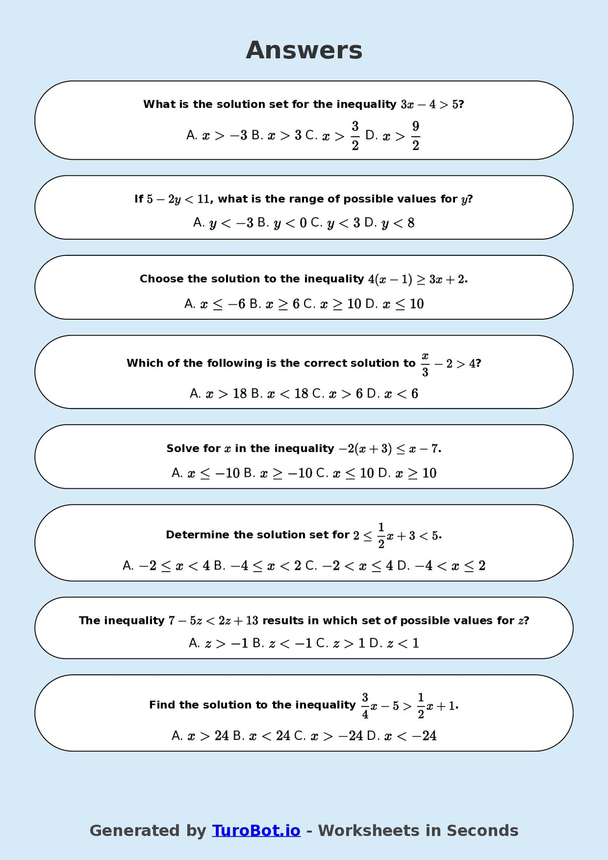 Year 8 Math Worksheet – Solving Simple Inequalities 2