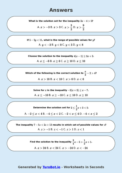 Year 8 Math Worksheet – Solving Simple Inequalities 2