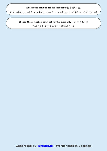Year 8 Math Worksheet – Solving Simple Inequalities 2