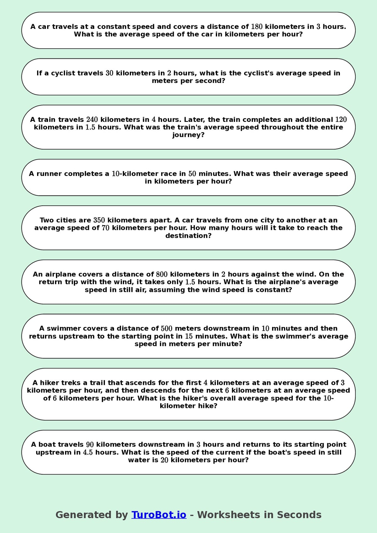 Year 8 Math Multiple Choice Worksheet – Speed, Distance and Time