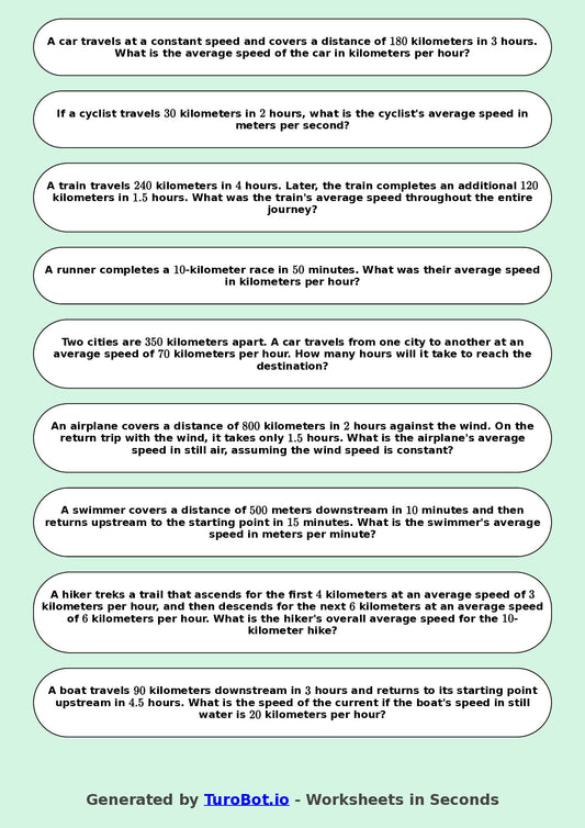 Year 8 Math Multiple Choice Worksheet – Speed, Distance and Time