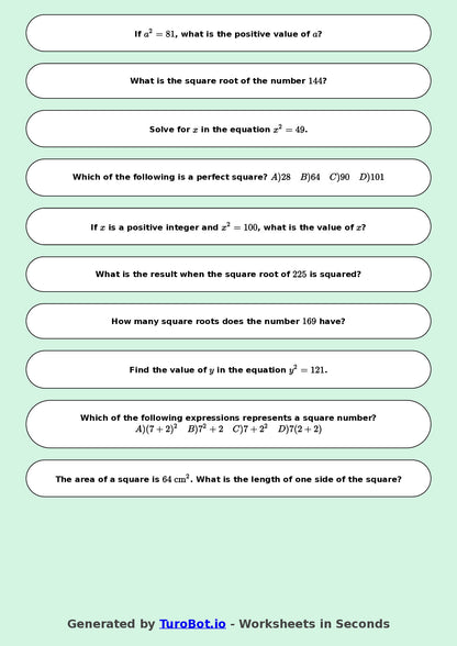 Year 8 Math Multiple Choice Worksheet – Square Numbers and Square Roots 2