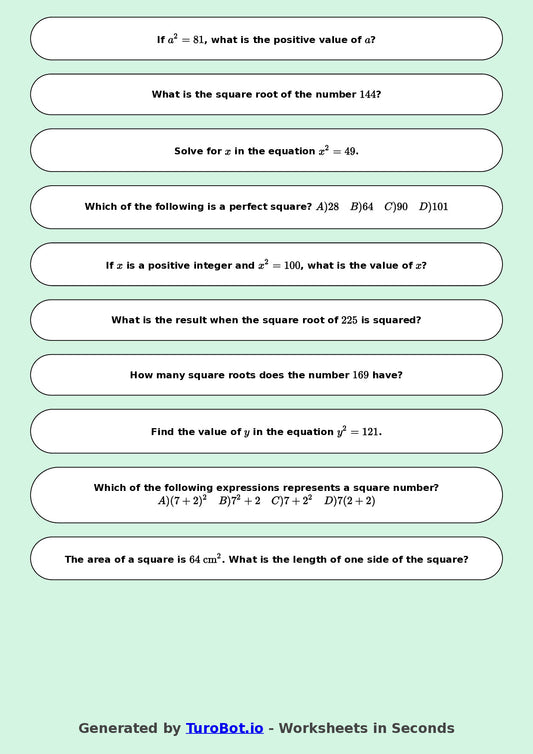 Year 8 Math Multiple Choice Worksheet – Square Numbers and Square Roots 2
