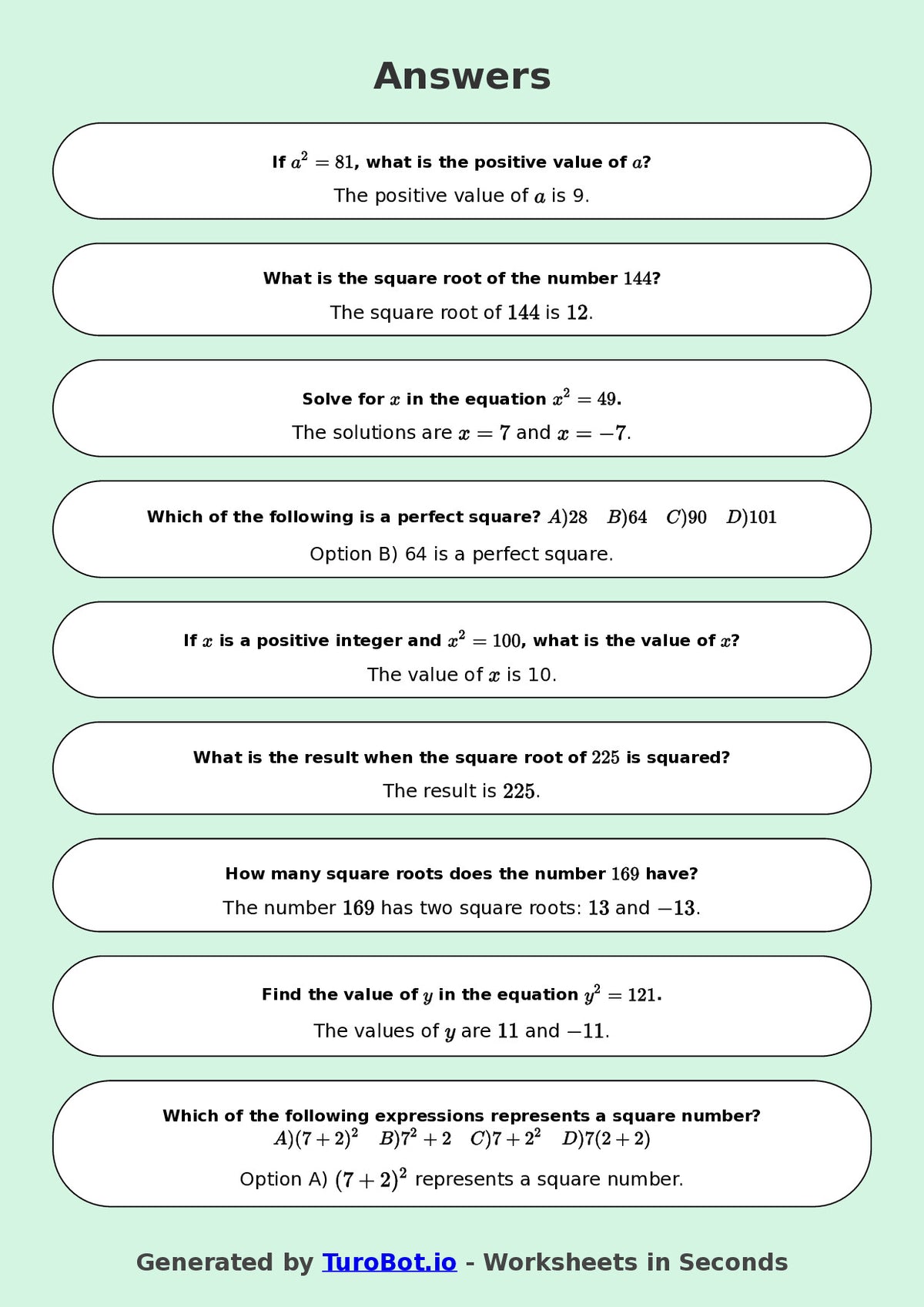 Year 8 Math Multiple Choice Worksheet – Square Numbers and Square Roots 2