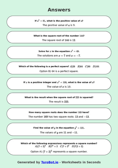 Year 8 Math Multiple Choice Worksheet – Square Numbers and Square Roots 2