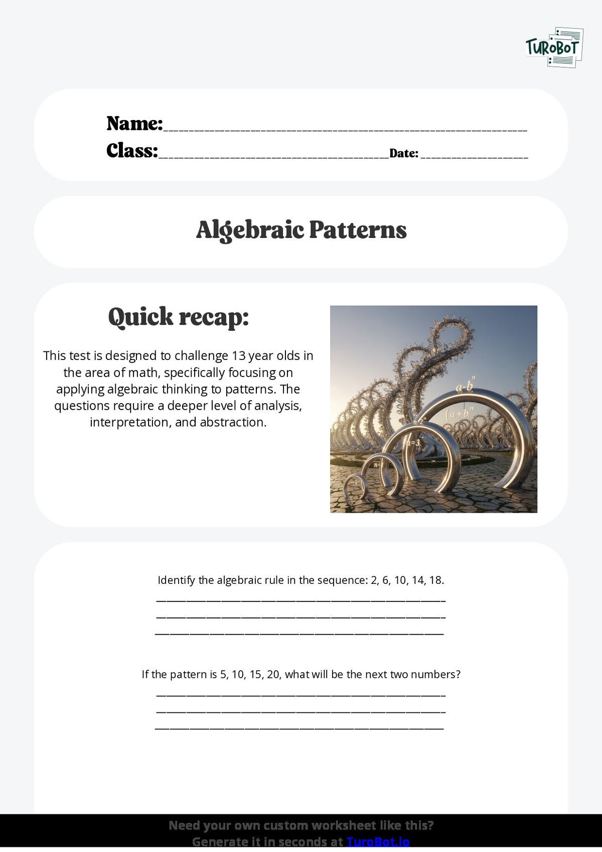 Free Worksheet - Year 8 Math Applying Algebraic Thinking to Patterns Short Answer Response