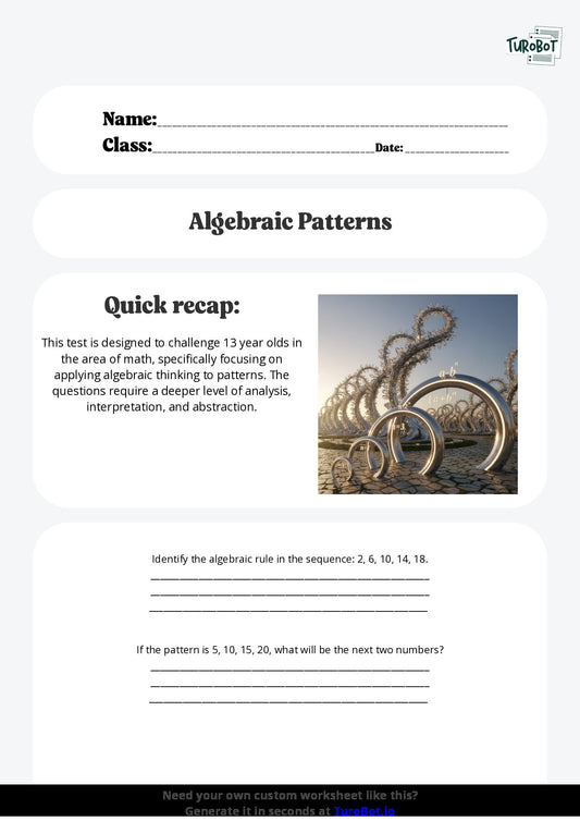 Free Worksheet - Year 8 Math Applying Algebraic Thinking to Patterns Short Answer Response
