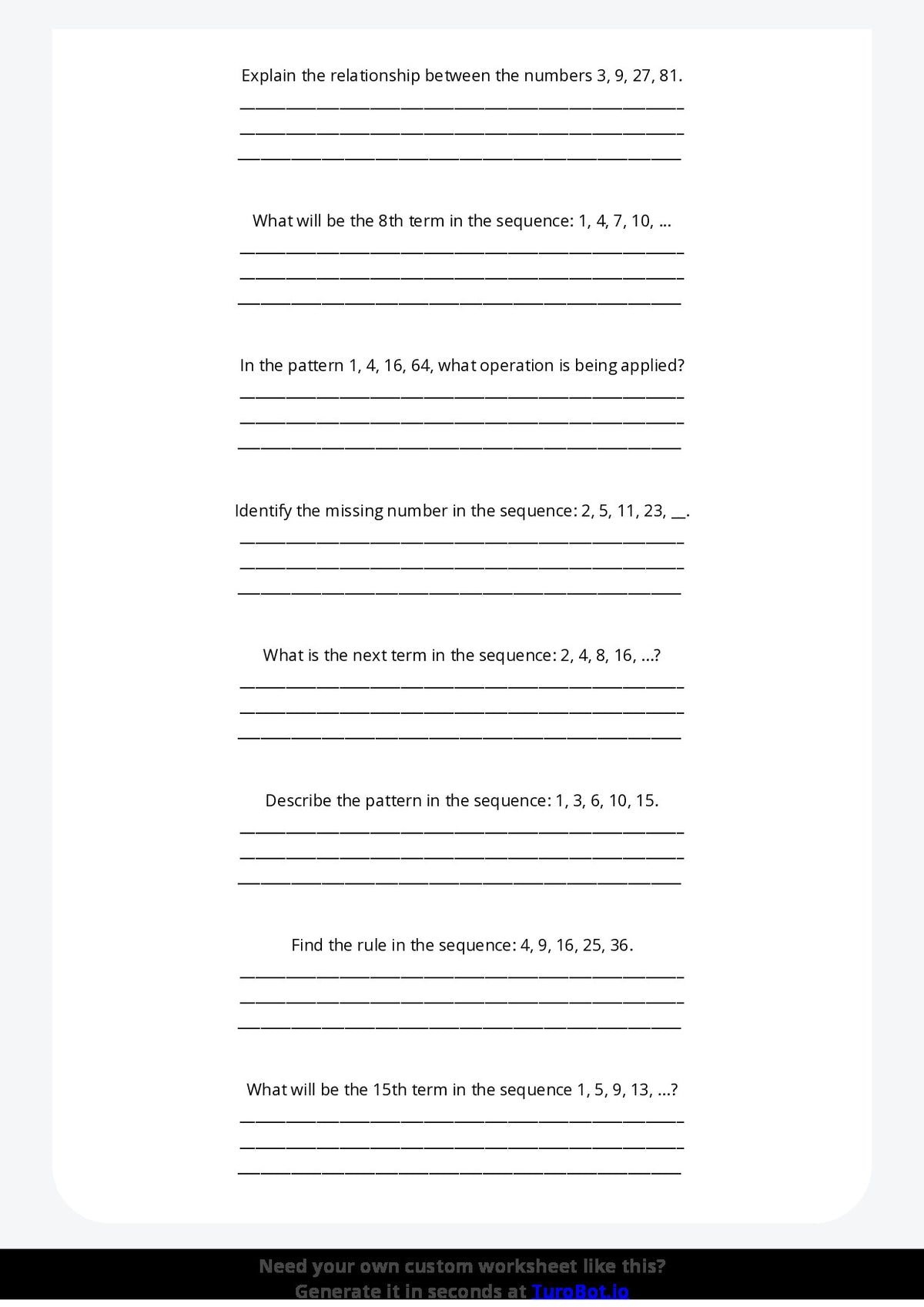 Free Worksheet - Year 8 Math Applying Algebraic Thinking to Patterns Short Answer Response