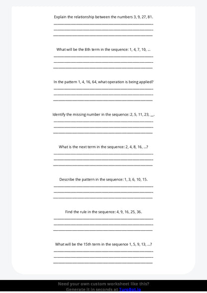 Free Worksheet - Year 8 Math Applying Algebraic Thinking to Patterns Short Answer Response