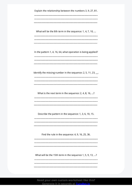Free Worksheet - Year 8 Math Applying Algebraic Thinking to Patterns Short Answer Response