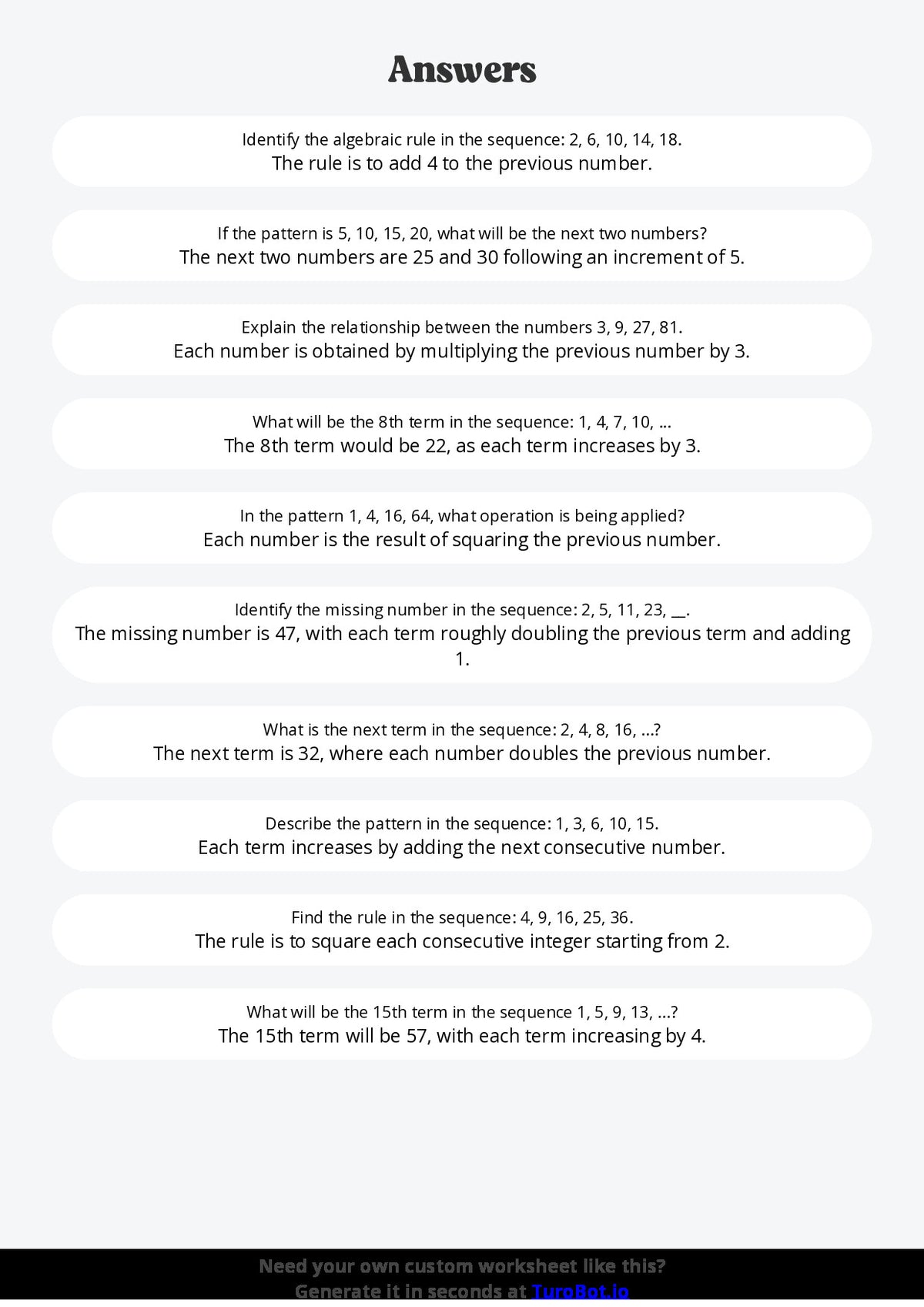 Free Worksheet - Year 8 Math Applying Algebraic Thinking to Patterns Short Answer Response