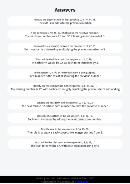 Free Worksheet - Year 8 Math Applying Algebraic Thinking to Patterns Short Answer Response