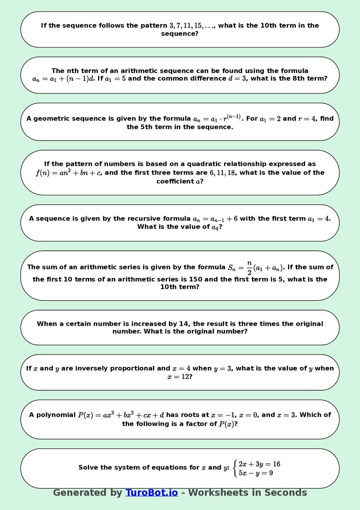 Year 9 Math Worksheet – Algebraic Patterns