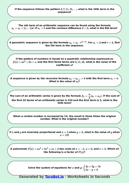 Year 9 Math Worksheet – Algebraic Patterns