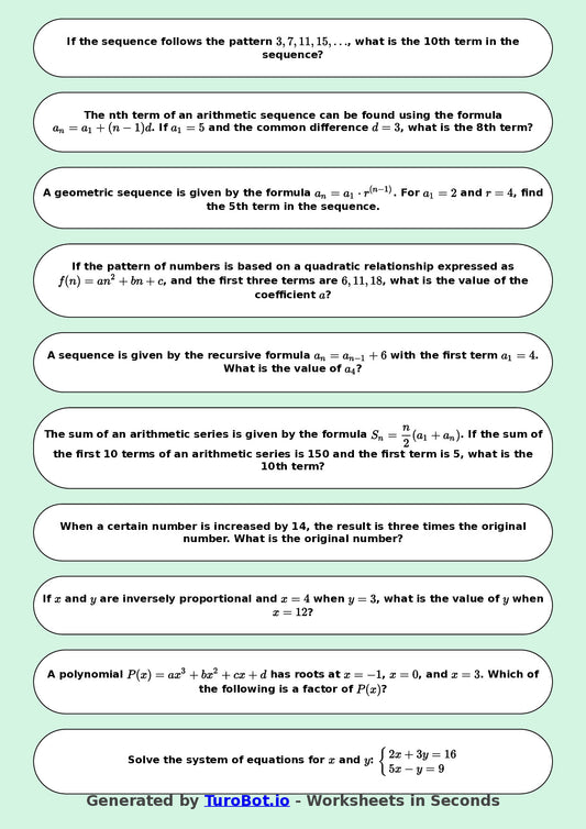 Year 9 Math Worksheet – Algebraic Patterns