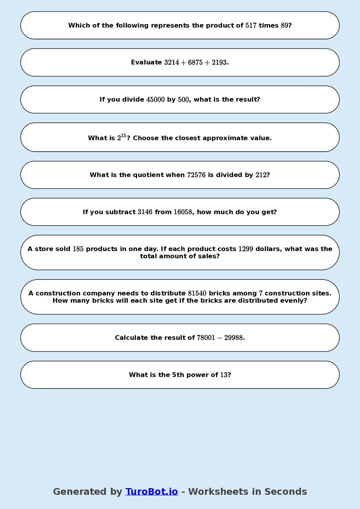 Year 9 Math Worksheet – Arithmetic with Large Numbers 2