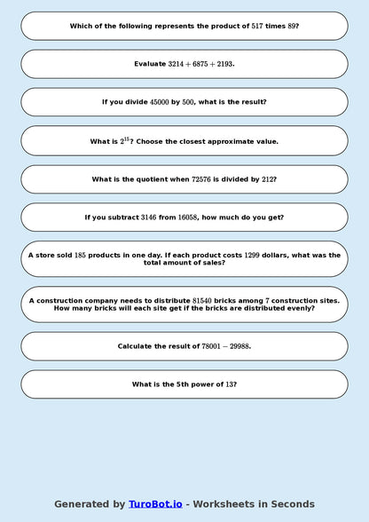 Year 9 Math Worksheet – Arithmetic with Large Numbers 2