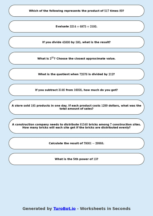 Year 9 Math Worksheet – Arithmetic with Large Numbers 2