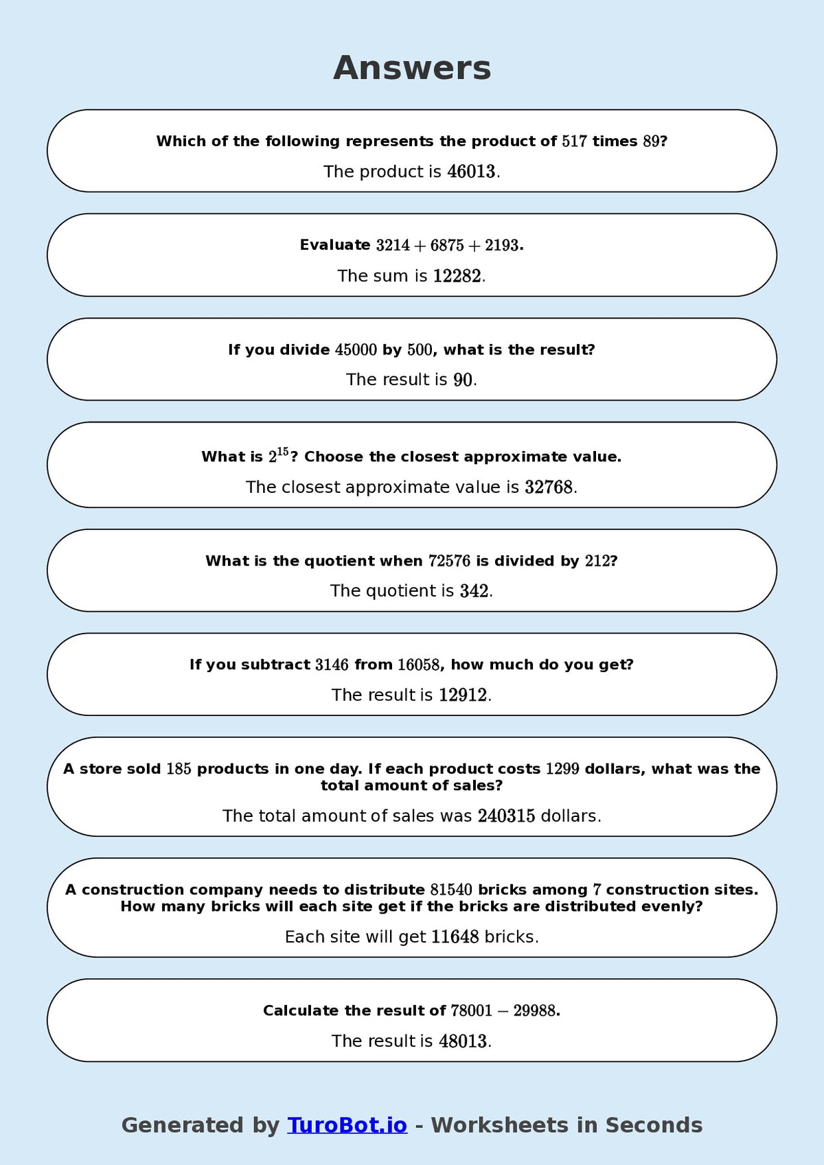 Year 9 Math Worksheet – Arithmetic with Large Numbers 2