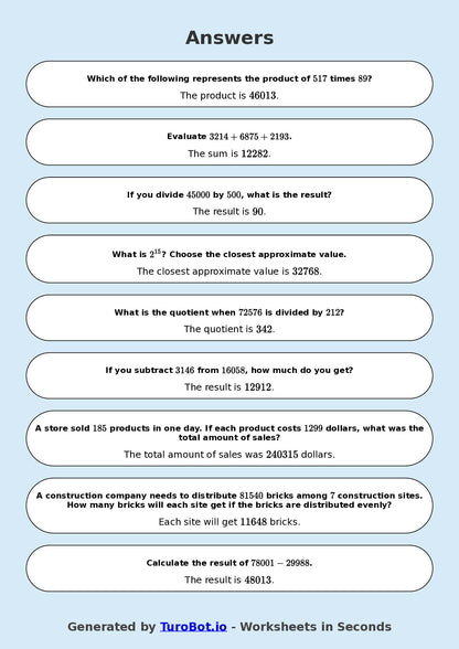 Year 9 Math Worksheet – Arithmetic with Large Numbers 2